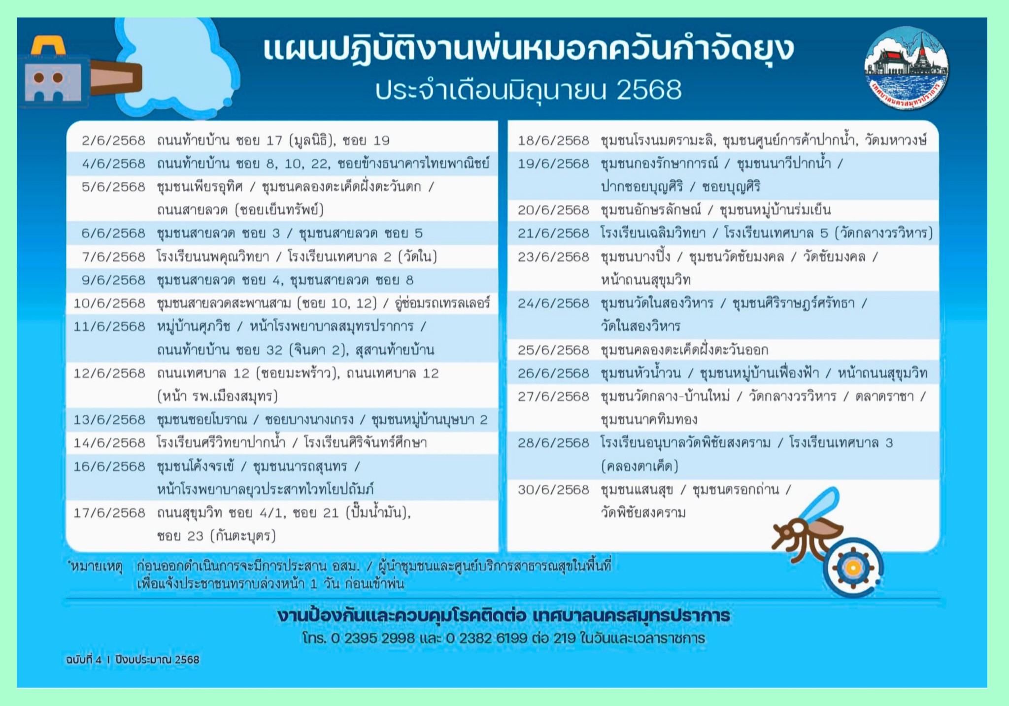 ข่าวประชาสัมพันธ์ แผนการปฏิบัติงานพ่นหมอกควันกำจัดยุง  ประจำเดือน มิถุนายน 2568