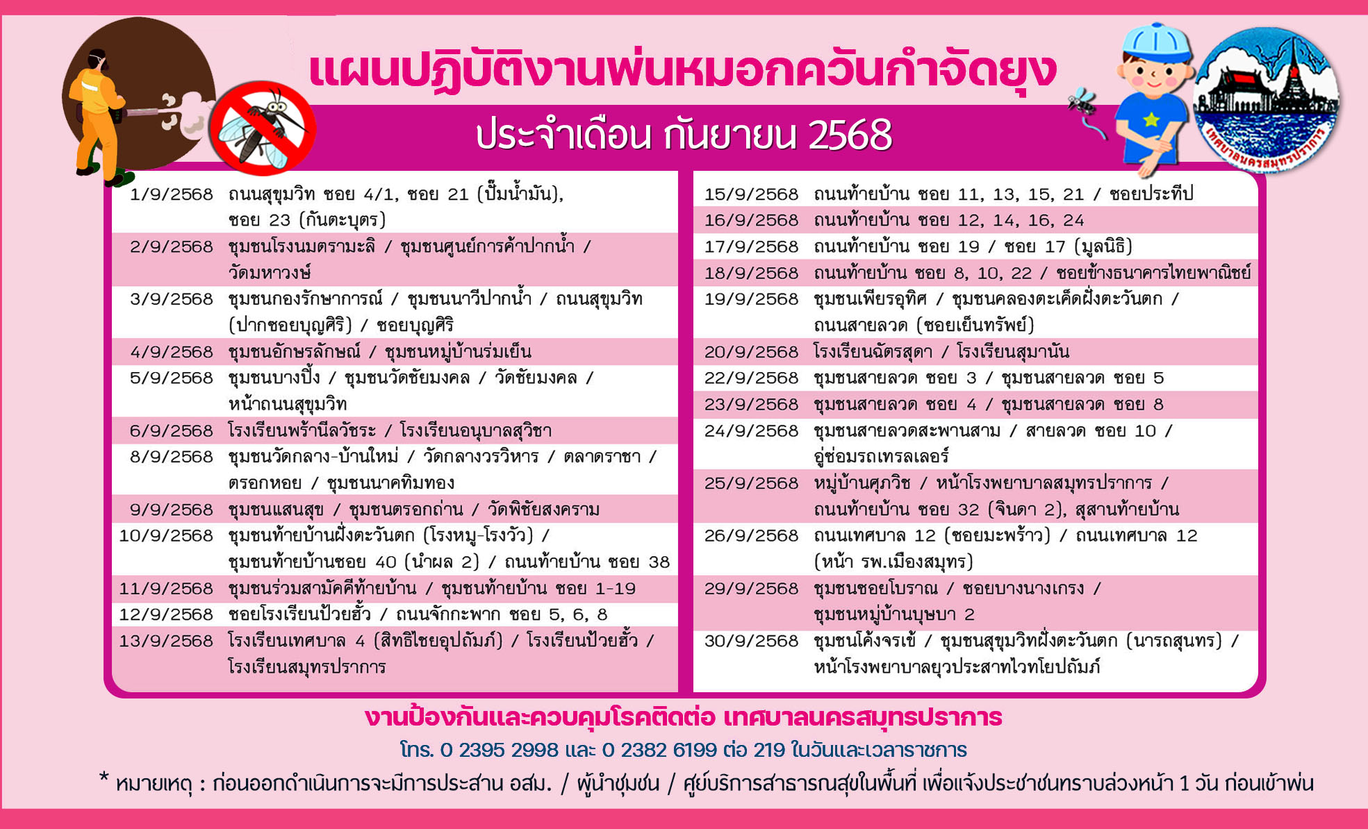 ข่าวประชาสัมพันธ์ แผนปฏิบัติงานพ่นหมอกควันกำจัดยุง ประจำเดือน กันยายน 2568