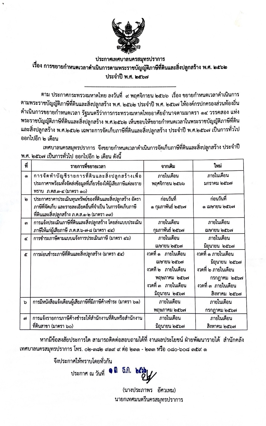 ประกาศขยายเวลาดำเนินการภาษีที่ดินและสิ่งปลูกสร้าง พ.ศ.2567